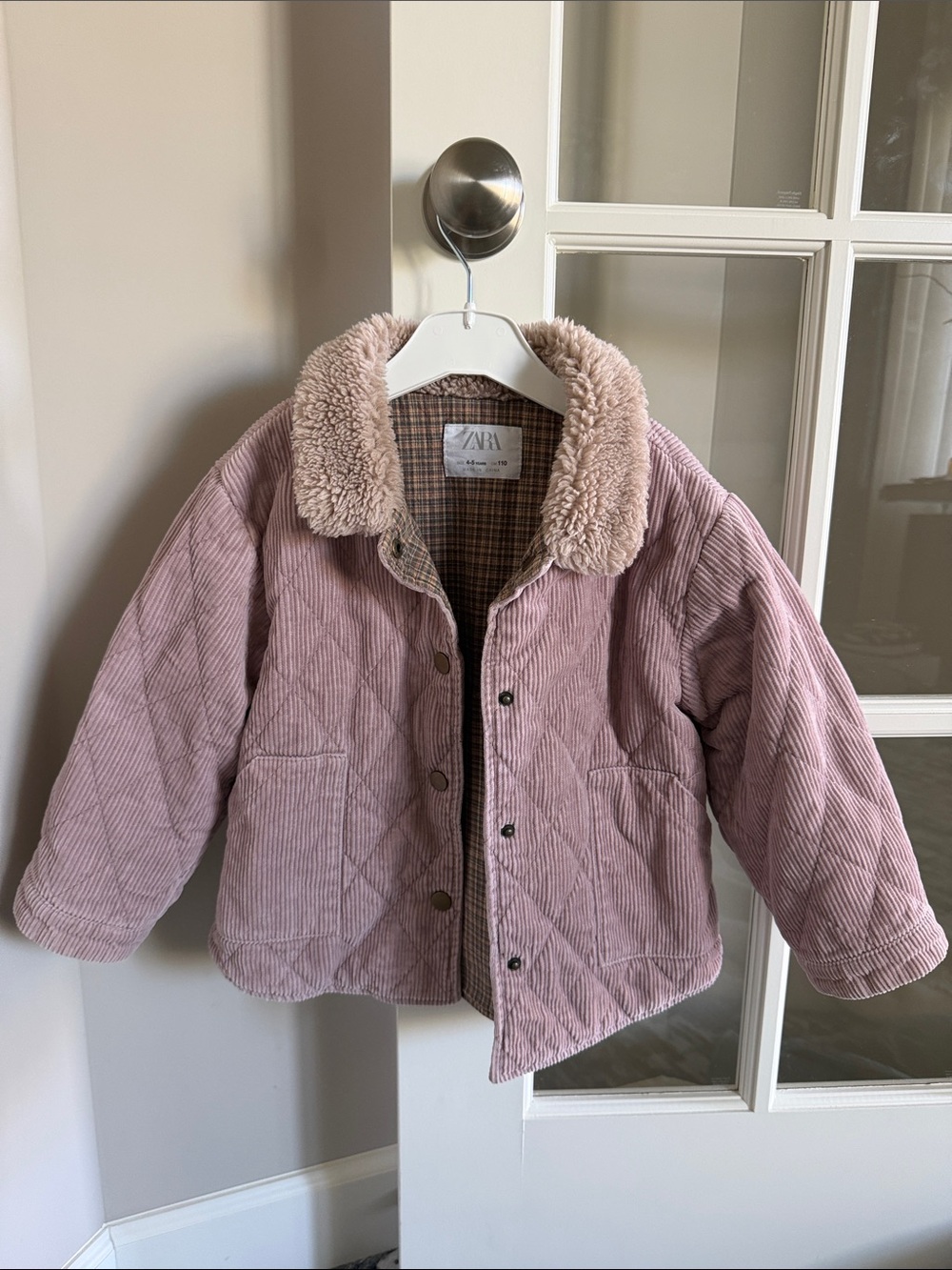 Zara Dusty Pink Quilted Corduroy Jacket with Faux Fur Collar
